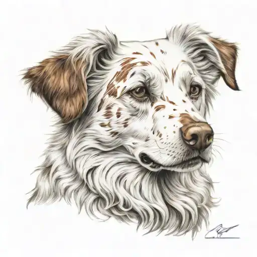 Perro blanco y marron con manchas con pelo largo rizado tattoo design idea