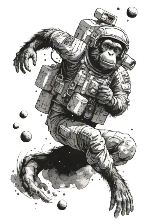 I want a space Astro monkey, with a stair case upto space at the bottom. Also I want a glaxey and asteroids tattoo design idea