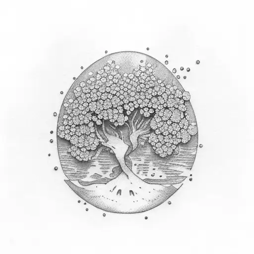 An intricate dotwork design of the Azores islands surrounded by flowering pear trees tattoo design idea