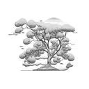 Mystical Azores island landscape with a flowering pear tree tattoo design idea