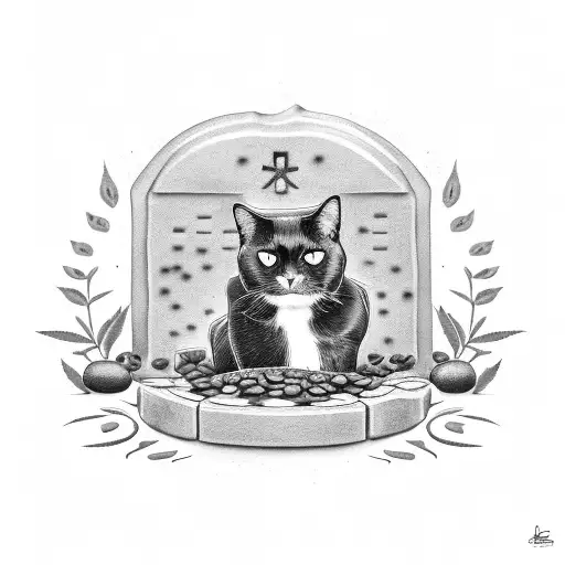 A black cat sitting on a tombstone with coffee beans and cannabis leaves scattered around tattoo design idea