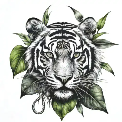 tiger face one eye cancer birth sign in eye in bamboo leaves  tattoo design idea