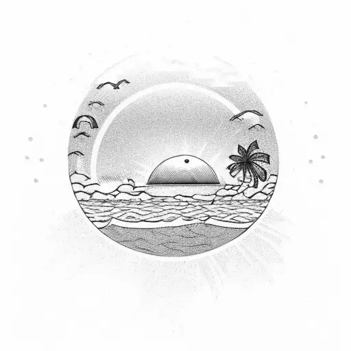 A tranquil beach scene with palm trees, waves, and a setting sun, evoking a sense of relaxation and wanderlust tattoo design idea