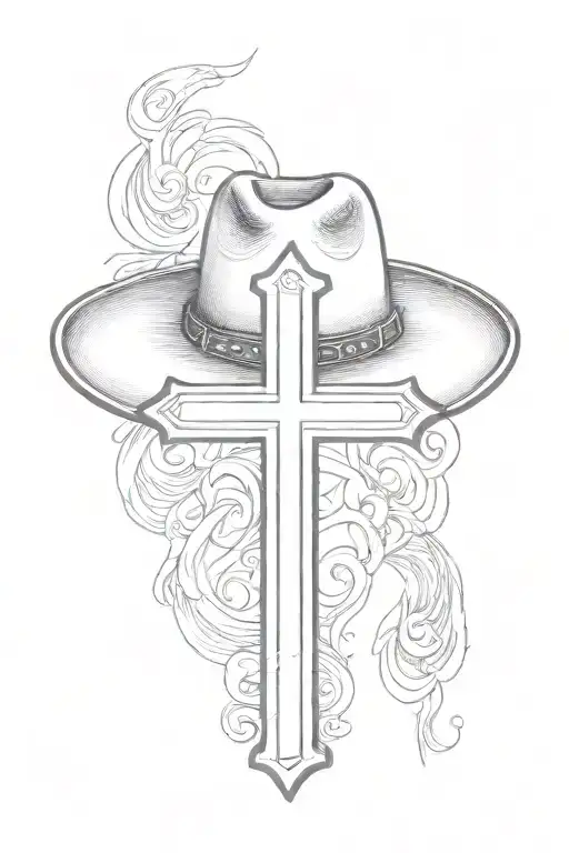 cowboy hat hanging on a cross with no background tattoo design idea