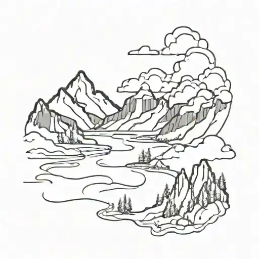 moutains with clouds and a river running tattoo design idea