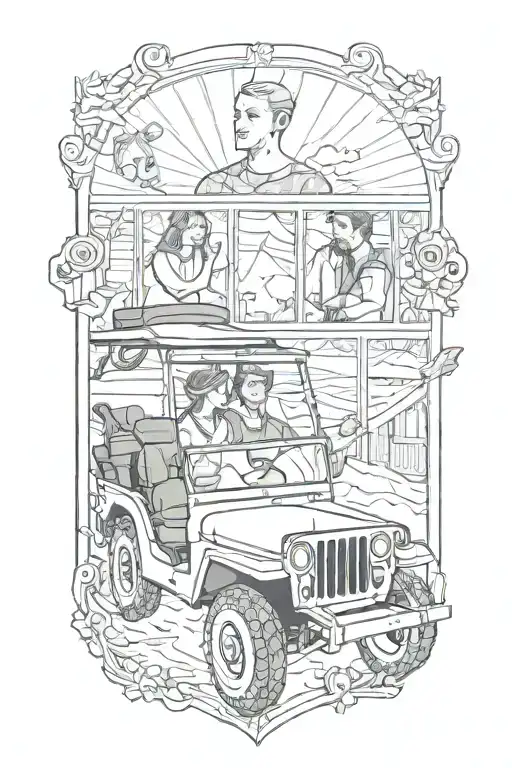 A portrait-style tattoo of the client's wife and kids inside the windows of a vintage jeep, surrounded by a border of country music lyrics tattoo design idea