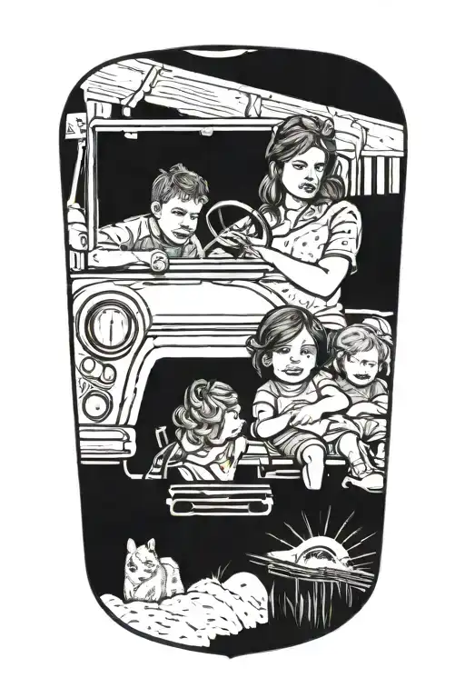 A portrait-style tattoo of the client's wife and kids inside the windows of a vintage jeep, surrounded by a border of country music lyrics tattoo design idea