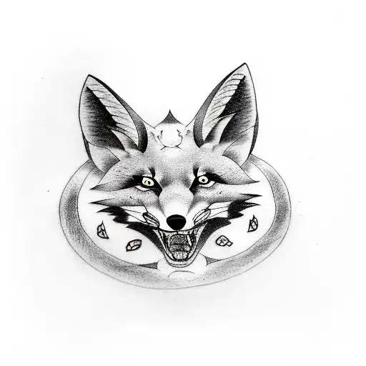 tattoo sketch - a black and white Kitsune fox in a circle tattoo design idea