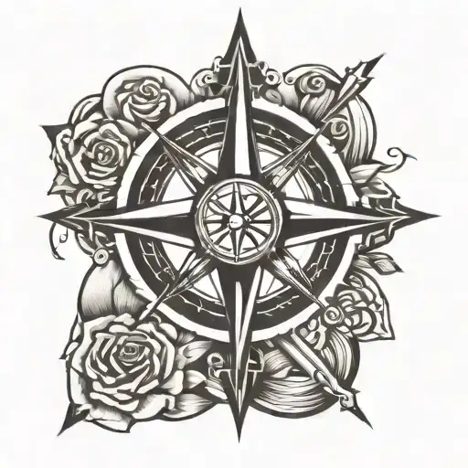 cross and compass rose surrounded tattoo design idea