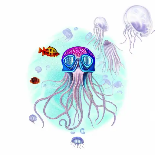 Jellyfish and Scuba diver. geo background  tattoo design idea