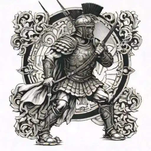 A detailed blackwork tattoo of a Roman soldier in battle, incorporating elements of Julius Caesar's reign tattoo design idea