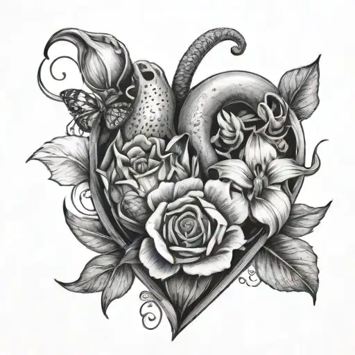 A heart shaped like a uterus, inside a rose, a tulip and an orchid, outside the heart a sun and a moon tattoo design idea
