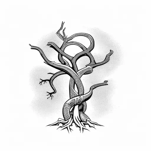 snake in a dead tree biting a heart tattoo design idea