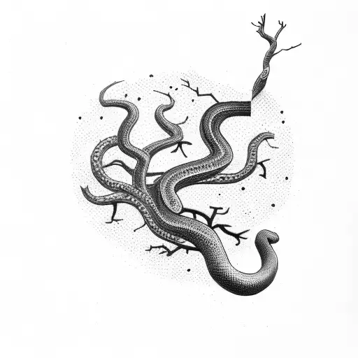 snake in a dead tree biting a heart tattoo design idea