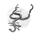 snake in a dead tree biting a heart tattoo design idea