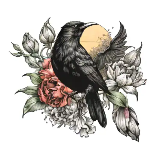 A realistic depiction of a blackbird singing in a lush garden filled with blooming tulips and butterflies, with the sun shining through the trees creating a magical atmosphere tattoo design idea