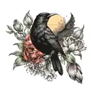 A realistic depiction of a blackbird singing in a lush garden filled with blooming tulips and butterflies, with the sun shining through the trees creating a magical atmosphere tattoo design idea