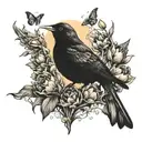 A realistic depiction of a blackbird singing in a lush garden filled with blooming tulips and butterflies, with the sun shining through the trees creating a magical atmosphere tattoo design idea