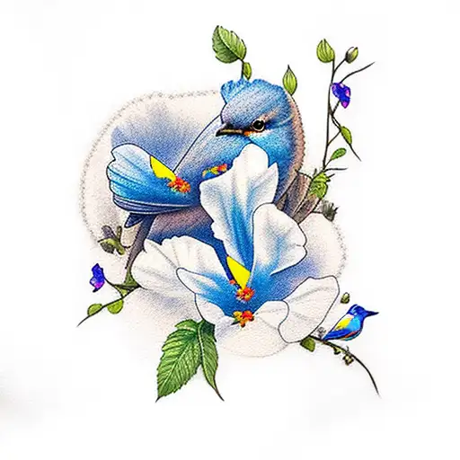 blue birds, primrose, sweet peas, morning glory  tattoo design idea