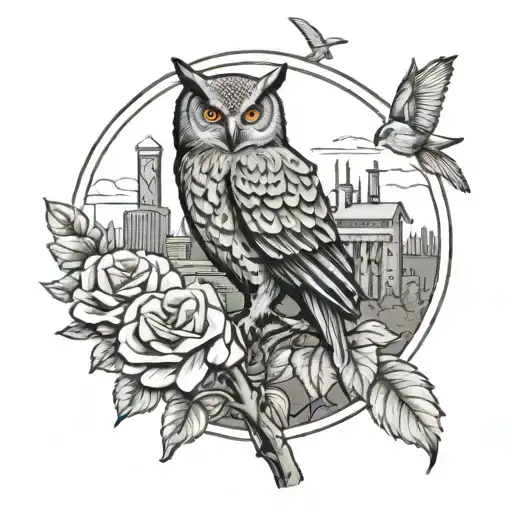 Sheffield city skyline with an owl on a branch and a representation of steel works factory. a garden with white roses  tattoo design idea