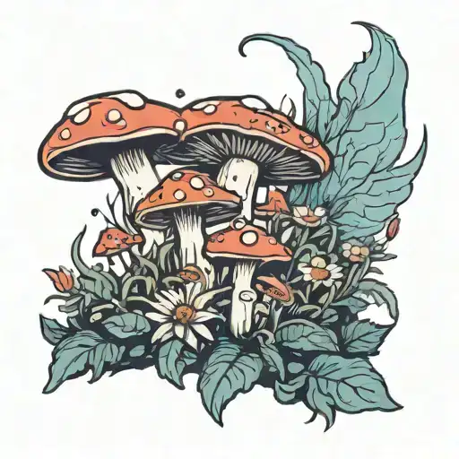 fairy garden with mushrooms and giant daisies  tattoo design idea