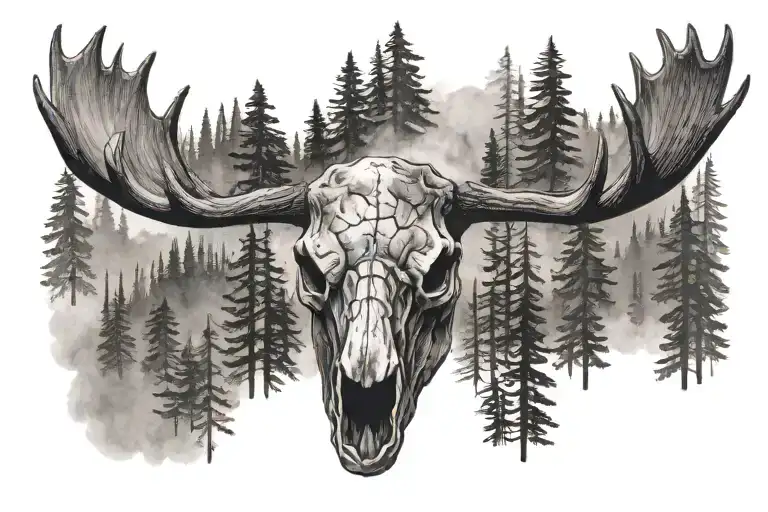moose skull with forest fire background tattoo design idea