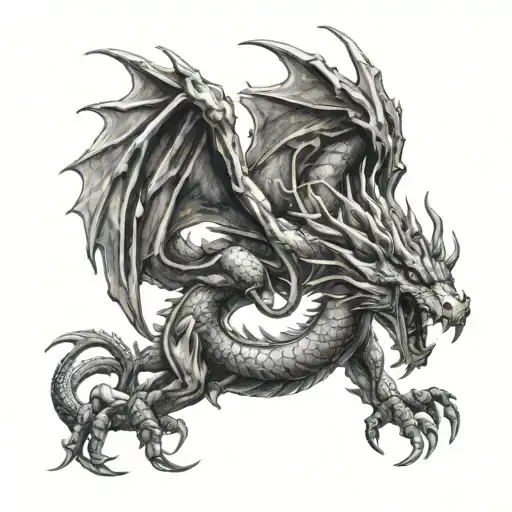 Create a realistic depiction of a European dragon intertwined with the Aries zodiac sign and elements of Olympique de Marseille tattoo design idea