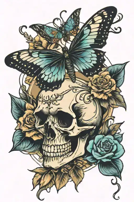 butter fly and skeleton hand reaching tattoo design idea