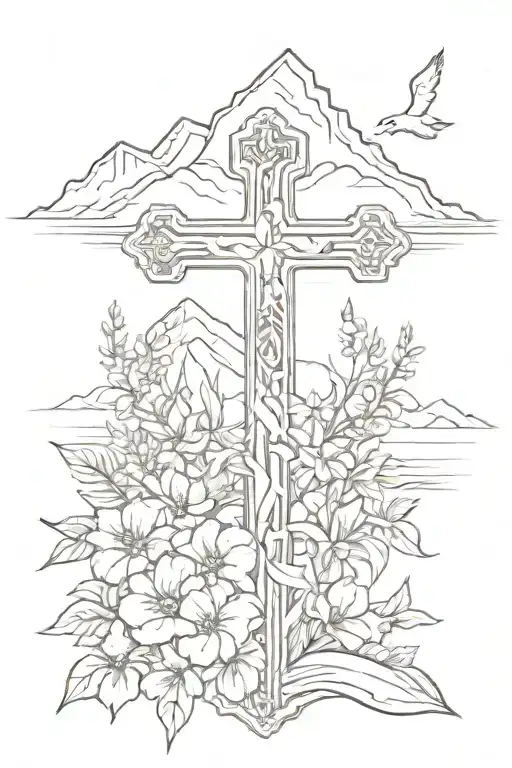cross with flowers and mountains tattoo design idea