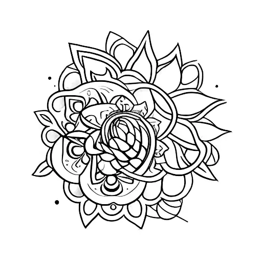 Crea un diseño de tatuaje gráfico 2D que combine en un círculo un girasol y un trébol de 4 hojas. tattoo design idea