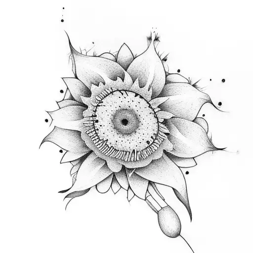 Diseña un tatuaje gráfico 2D que incluya un círculo, un girasol y una hoja de la suerte, utilizando un estilo Dotwork tattoo design idea