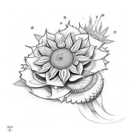 Crea un diseño de tatuaje gráfico 2D que combine en un círculo un girasol y un trébol de 4 hojas. tattoo design idea