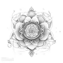 Diseña un tatuaje gráfico 2D que incluya un círculo, un girasol y una hoja de la suerte, utilizando un estilo Dotwork tattoo design idea