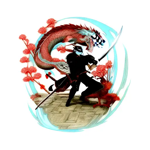 ronin with drawn sword with a dragon protecting him tattoo design idea