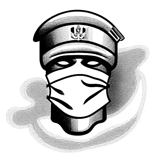 The invisible head, on which the Russian Army cap is worn, and a medical mask is worn on the face, the face is erased tattoo design idea