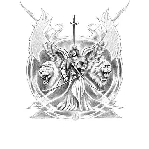 A detailed blackwork tattoo of archangel Michael battling demons in a heaven with lion of judah with crown  tattoo design idea
