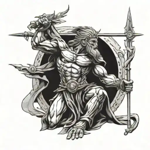 Kneeling spartan soldier with his spear in the gorund with a flaming lion spirit behind his cape which is thrust up wind tattoo design idea