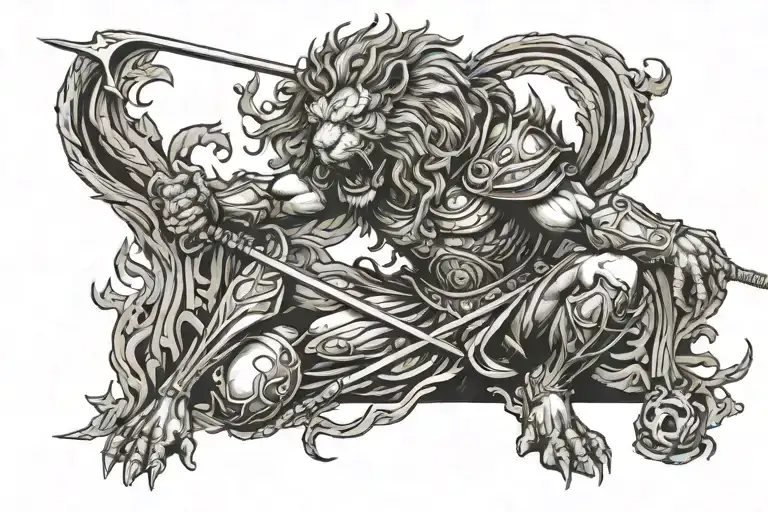 Kneeling spartan soldier kneeling, spear in the ground, flaming lion spirit looking down behind cape  tattoo design idea