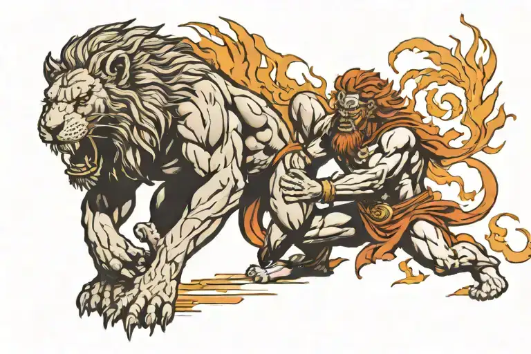 kneeling spartan soldier with flaming spirit of a lion terminating behind his cape which is being thrust upwards tattoo design idea