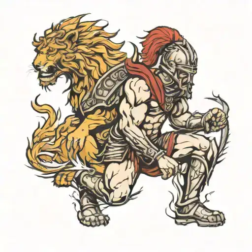 Kneeling spartan soldier with flaming lion spirit behind him tattoo design idea