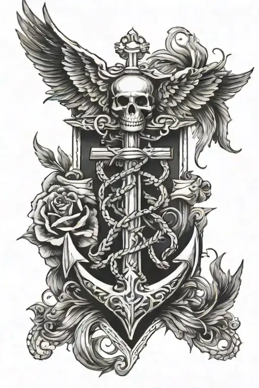 skeleton anchor wings tattoo design idea