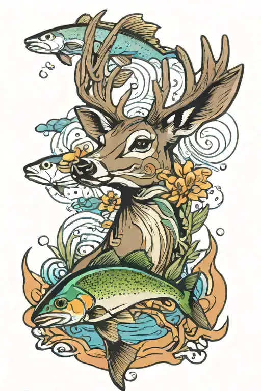 Mule Deer and Rainbow Trout swimming gracefully tattoo design idea