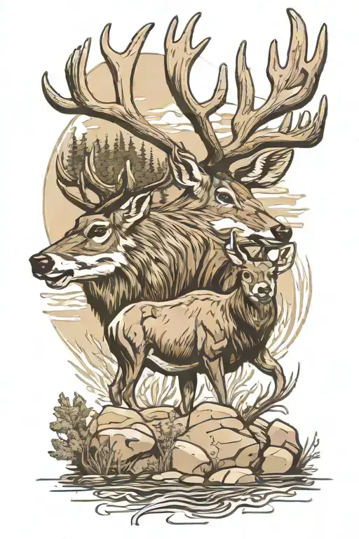 Mule Deer next to a Brook Trout next to a cow grazing tattoo design idea