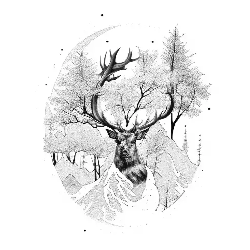 full arms sleeve woth mountains, trees, a stag, a cancer, a fish, galaxies tattoo design idea