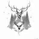 full arms sleeve woth mountains, trees, a stag, a cancer, a fish, galaxies tattoo design idea