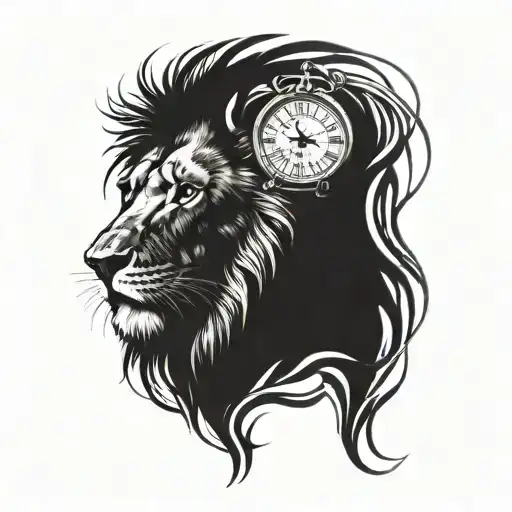 A lion’s face merged with a clock, symbolizing the passage of time and the lion’s eternal presence. The clock is detailed with black-grey shading to create a realistic metallic effect. tattoo design idea