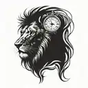 A lion’s face merged with a clock, symbolizing the passage of time and the lion’s eternal presence. The clock is detailed with black-grey shading to create a realistic metallic effect. tattoo design idea