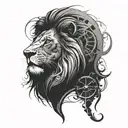 A lion’s face merged with a clock, symbolizing the passage of time and the lion’s eternal presence. The clock is detailed with black-grey shading to create a realistic metallic effect. tattoo design idea
