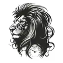 A lion’s face merged with a clock, symbolizing the passage of time and the lion’s eternal presence. The clock is detailed with black-grey shading to create a realistic metallic effect. tattoo design idea