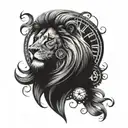 A lion’s face merged with a clock, symbolizing the passage of time and the lion’s eternal presence. The clock is detailed with black-grey shading to create a realistic metallic effect. tattoo design idea